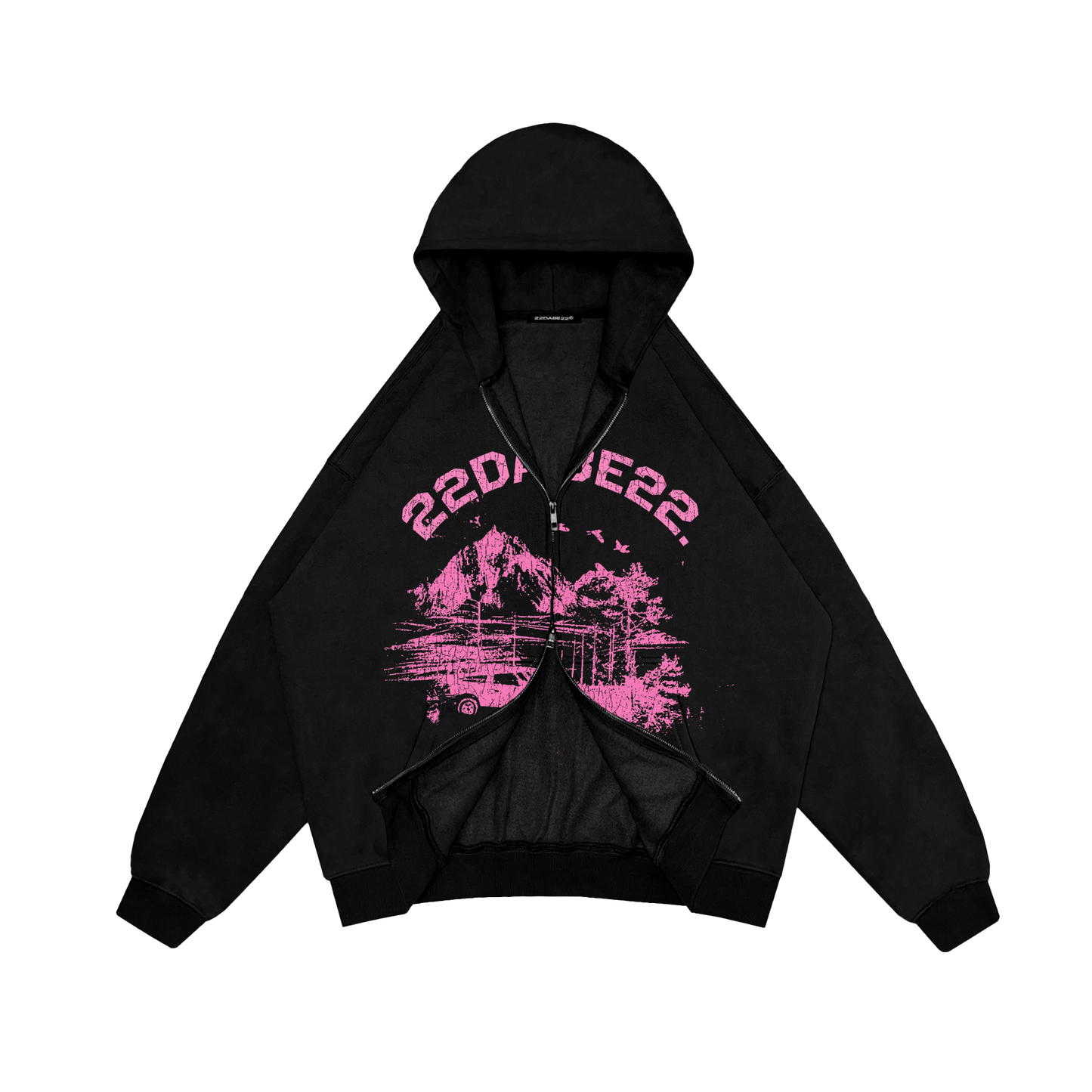 Double Zip Jacket Black Forest Pink Graphic by 22DABE22® – Trendy streetwear jacket with bold graphic design and unique color