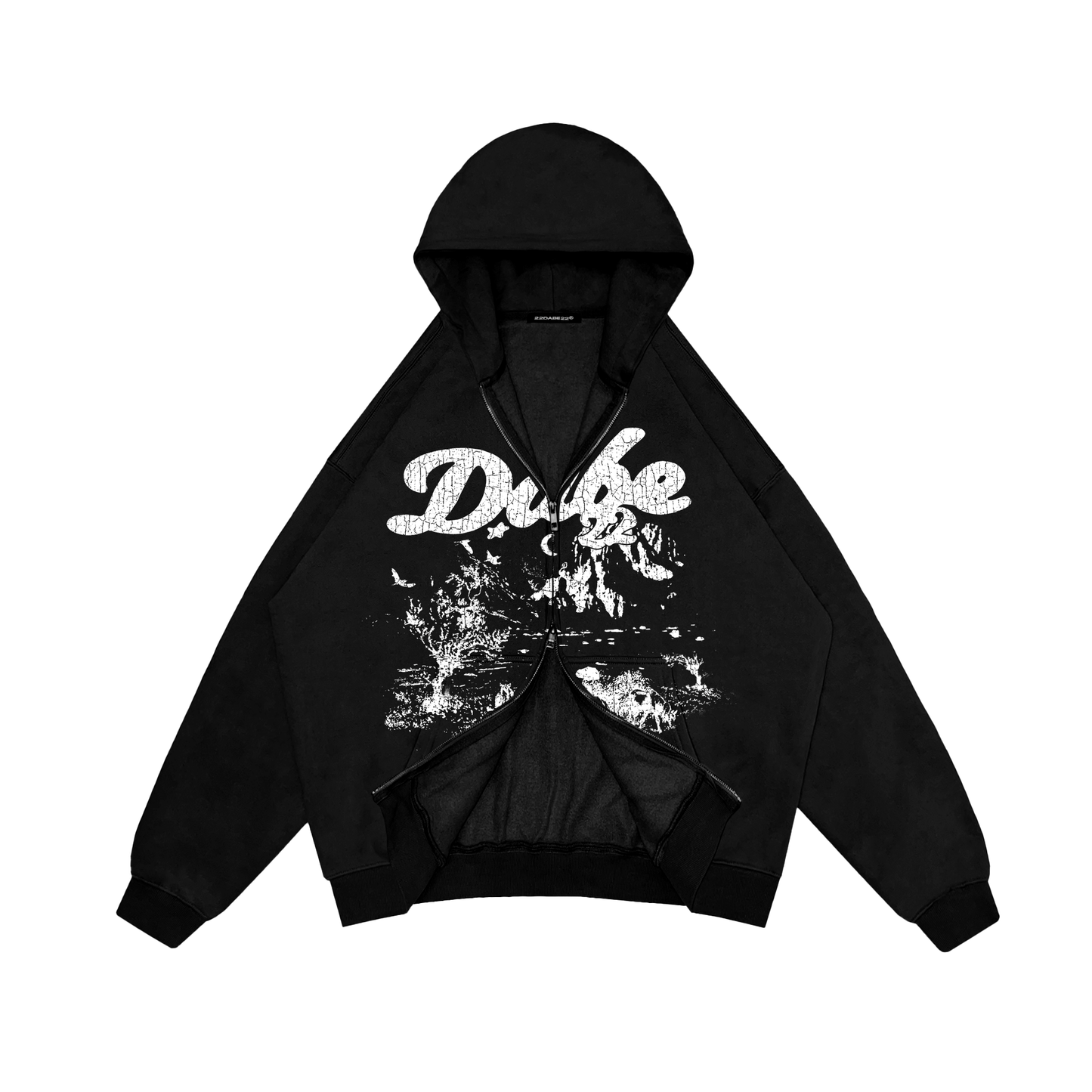 Double Zip Jacket Black Savanna White Print by 22DABE22® – Stylish streetwear jacket featuring unique white Savanna print