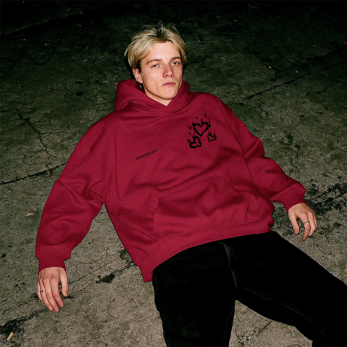 Red Hearts Hoodie by 22DABE22® – bold streetwear hoodie with heart graphic, unisex urban fashion for love-inspired style