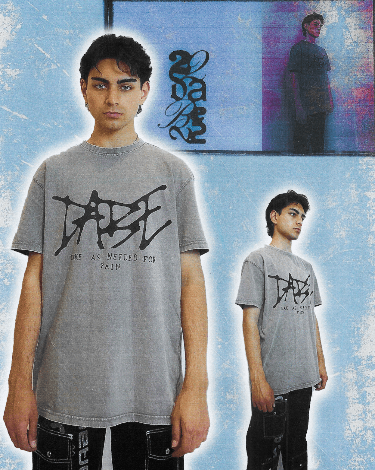 22DABE22® washed grey T-shirt with black logo print – unisex streetwear tee, minimalist urban fashion style