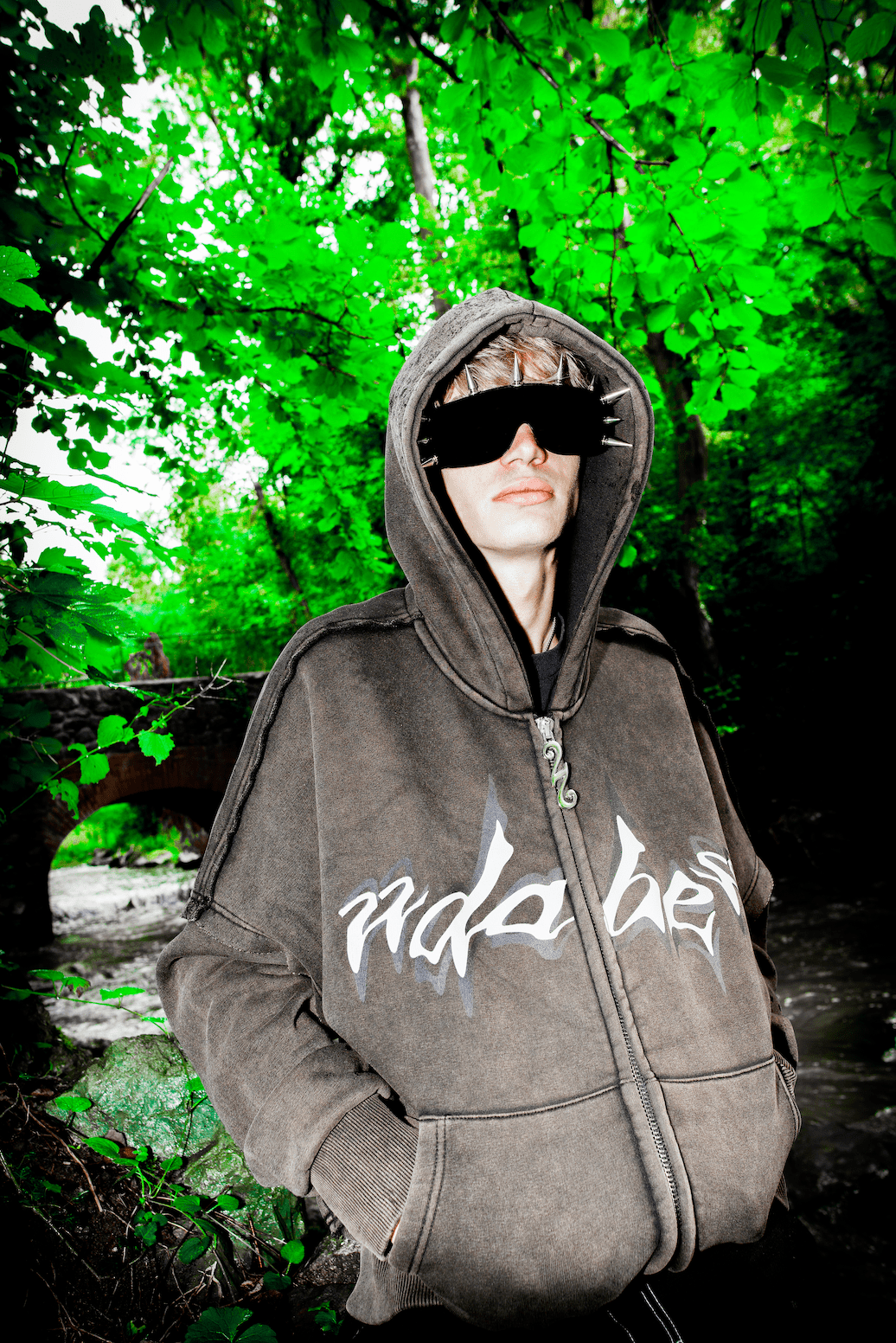 22DABE22® men's zip jacket in washed black and brown – urban streetwear fashion, lightweight casual outerwear with zipper