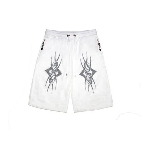 A white streetwear short with a loose fit, crafted from premium polyester material. Features custom metal 22 pullers on pockets and adjustable cords in the waist. Screen print under the first net and silver metallic hardware adds style. Suitable for casual wear or night outs.