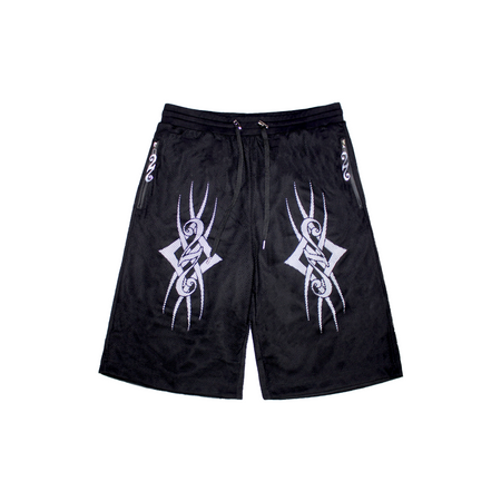 A pair of black shorts with a mesh overlay on the front. The shorts have custom metal 22 pullers on both pockets and a screen print design under the mesh. The waistband has cords for adjustment and silver metallic hardware. The shorts are made with 100% polyester and have a soft touch finish. They are a versatile addition to any streetwear collection, suitable for a night out or a casual day around town.