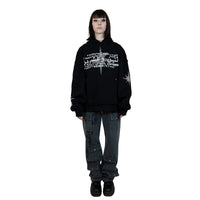 A black hoodie with unique rhinestone and screenprint design on the front, stars made of rhinestones on the sleeves and back, and a vintage, distressed finish. Made from a blend of cotton and polyester, with a peached interior for a cozy feel. Oversized unisex fit and extra big pocket make it practical for any occasion.