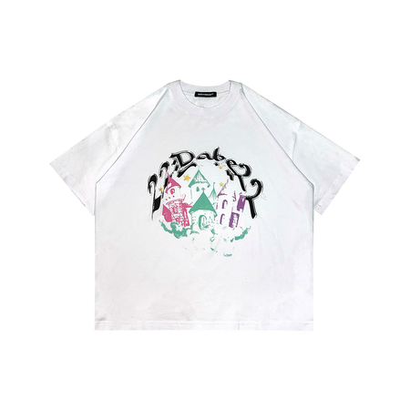 A white oversized streetwear shirt with a distressed effect, featuring a five-coloured screen print of a castle at the front. Made from premium 100% cotton, the shirt is unisex and perfect for any occasion.