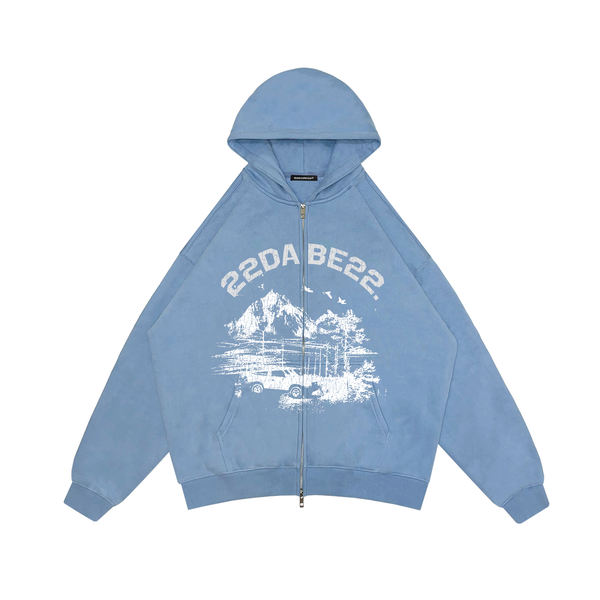 Double Zip Jacket Baby Blue Forest White Print
