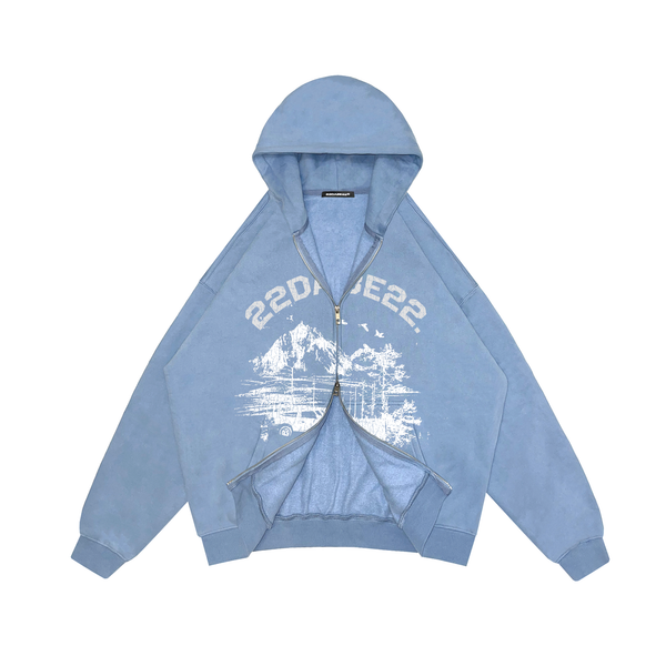 Double Zip Jacket Baby Blue Forest White Print