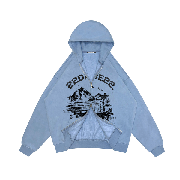 Double Zip Jacket Baby Blue Forest Black Print