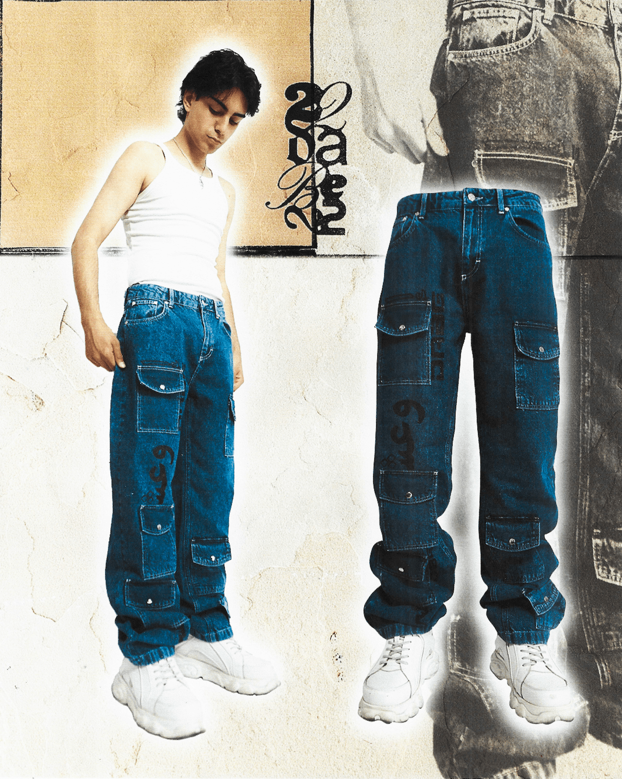 22DABE22® indigo blue denim jeans with multi-pocket design – utility streetwear jeans for men, durable urban fashion staple
