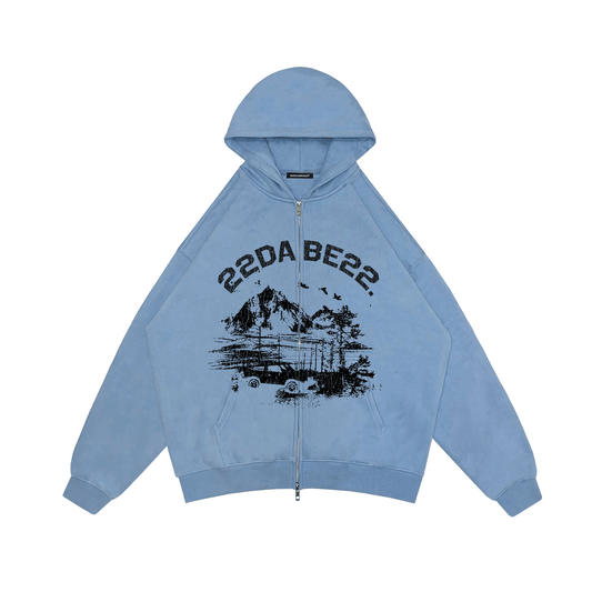 Double Zip Jacket Baby Blue Forest Black Print by 22DABE22® – Stylish streetwear jacket with bold black forest-inspired print