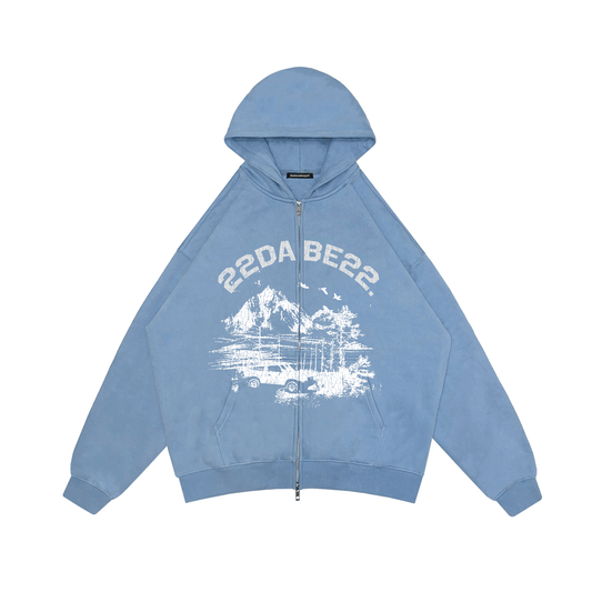 Double Zip Jacket Baby Blue Forest White Print by 22DABE22® – Trendy streetwear jacket with bold white forest-inspired print