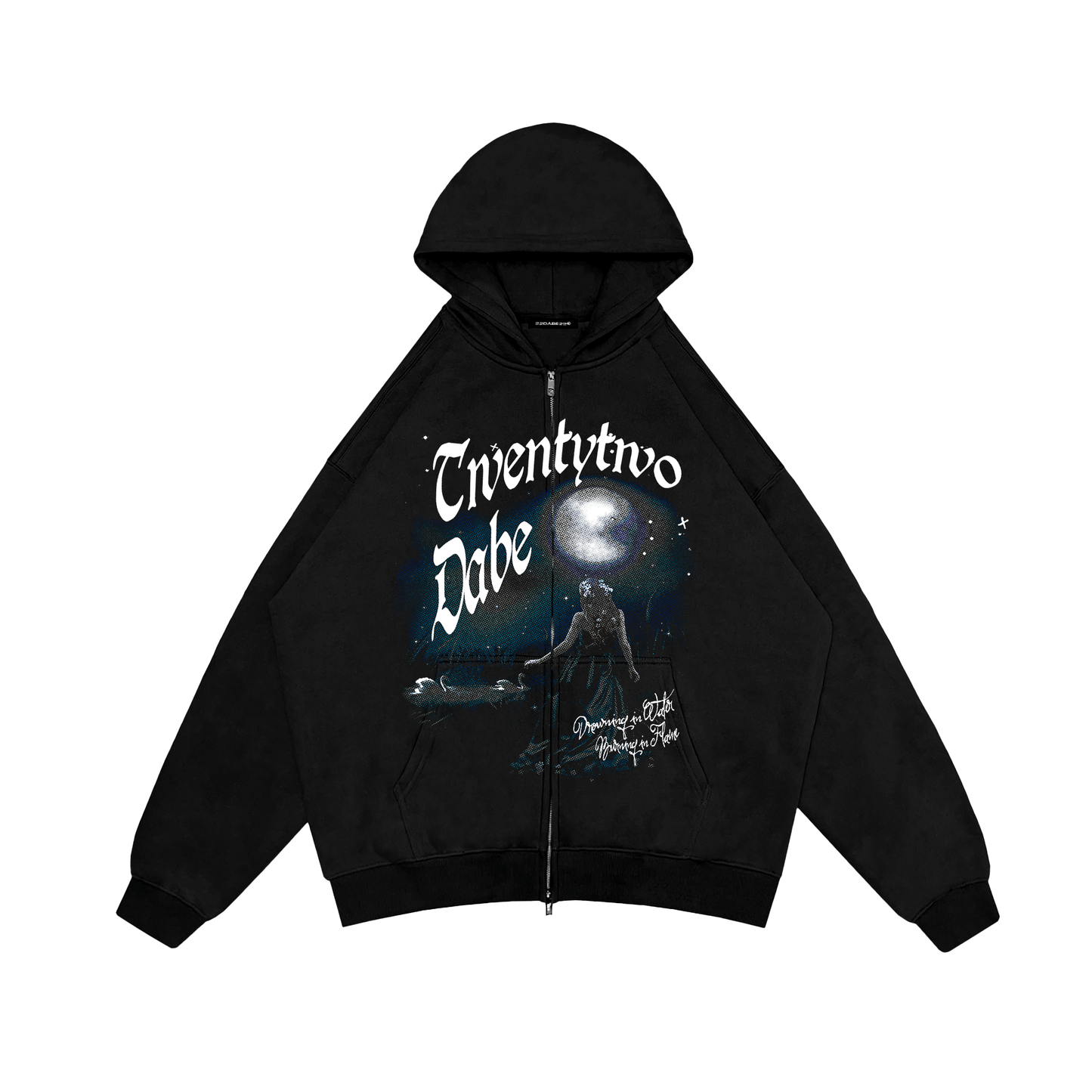 Zip Jacket Black 'Drowning in Water Burning in Flame' Graphic by 22DABE22® – Bold streetwear jacket with powerful graphic