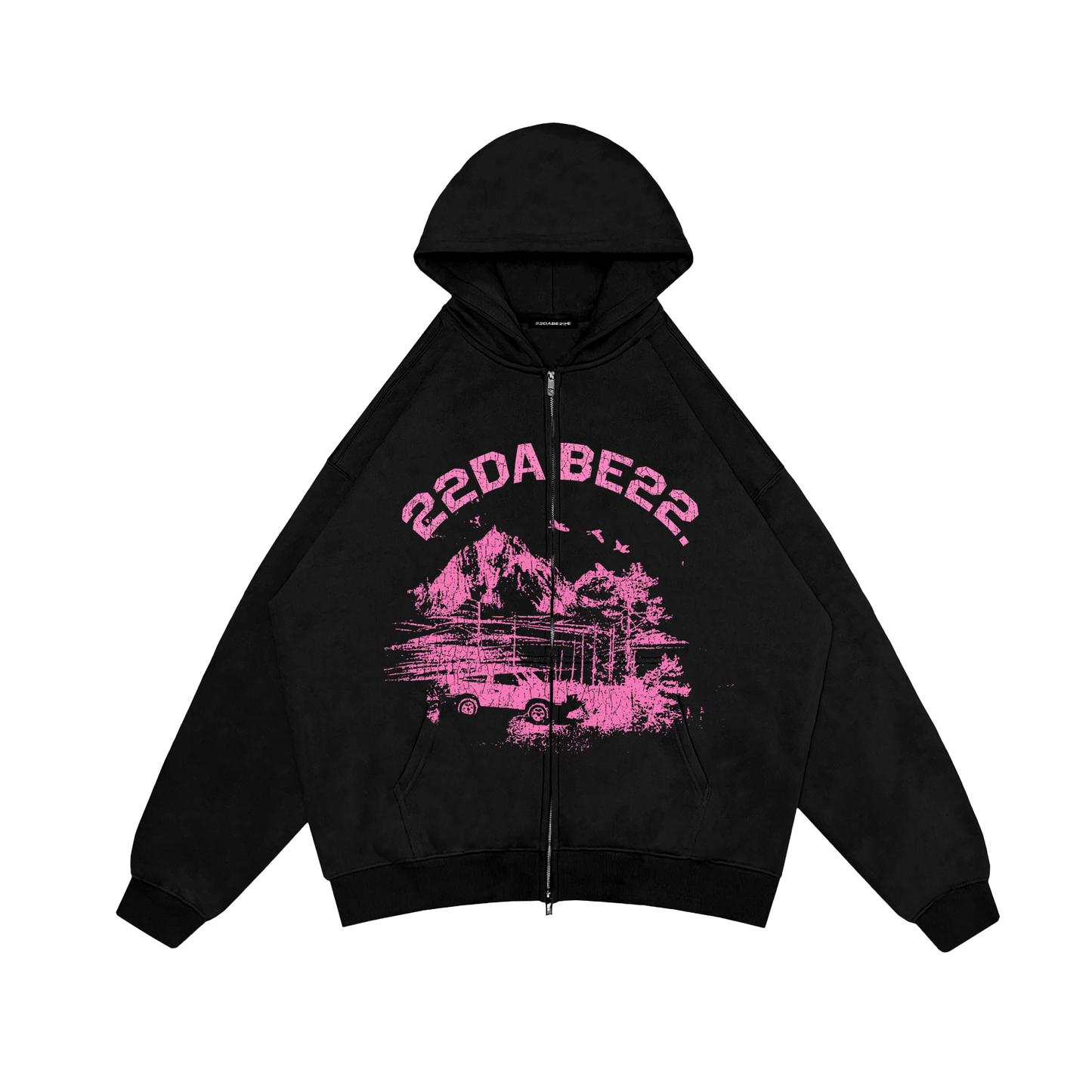 Double Zip Jacket Black Forest Pink Graphic by 22DABE22® – Trendy streetwear jacket with bold graphic design and unique color