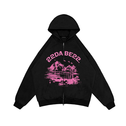 Double Zip Jacket Black Forest Pink Graphic by 22DABE22® – Trendy streetwear jacket with bold graphic design and unique color