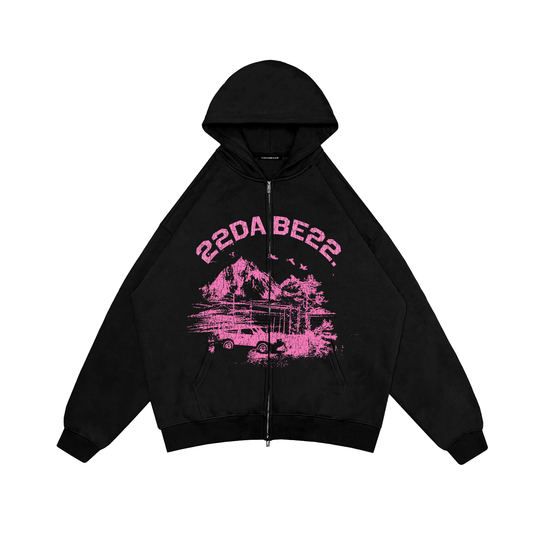 Double Zip Jacket Black Forest Pink Graphic by 22DABE22® – Trendy streetwear jacket with bold graphic design and unique color