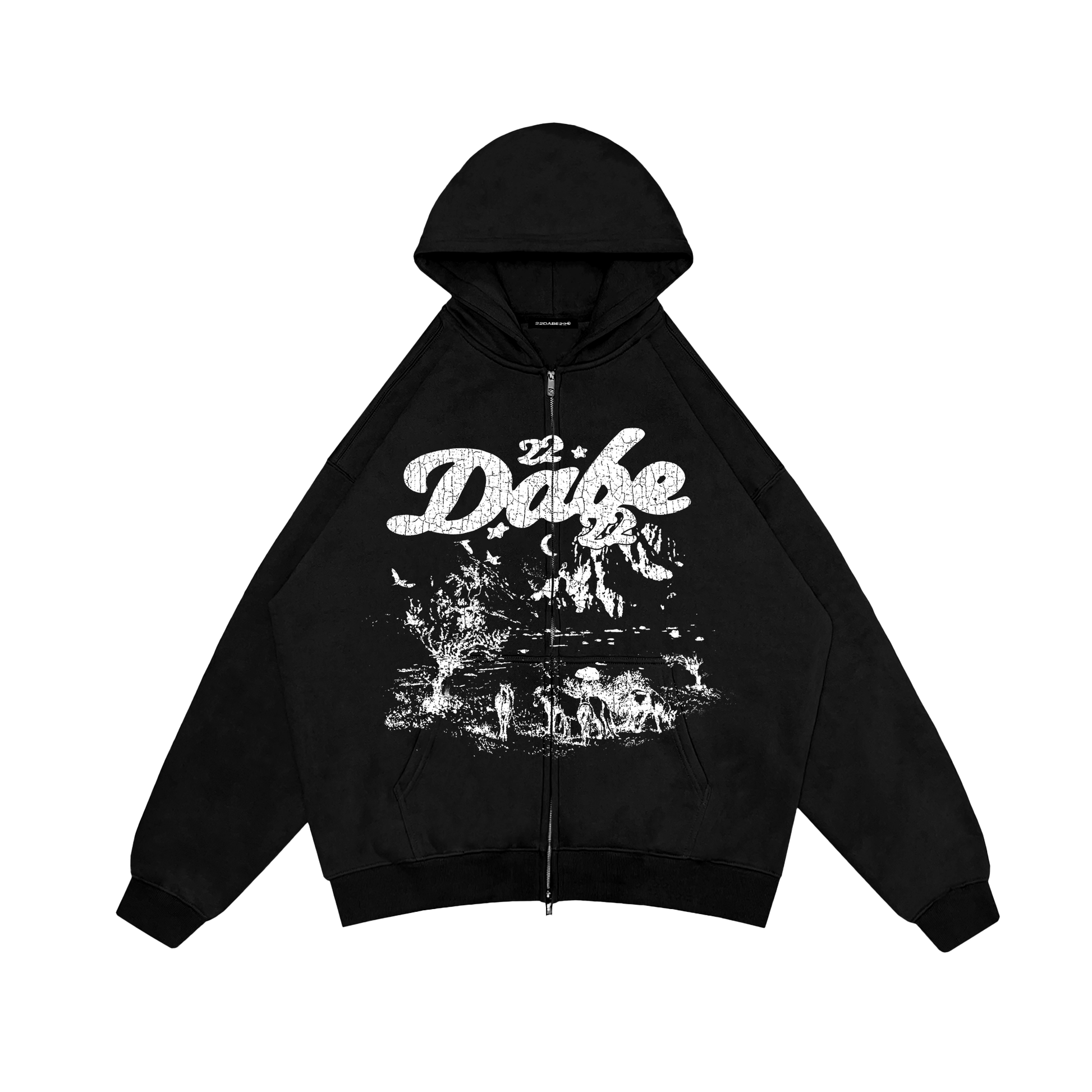 Double Zip Jacket Black Savanna White Print by 22DABE22® – Stylish streetwear jacket featuring unique white Savanna print