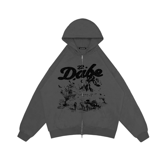 Double Zip Jacket Grey Savanna Black Print by 22DABE22® – Trendy streetwear jacket featuring bold black Savanna print
