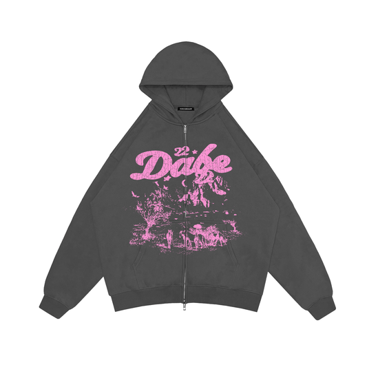 Double Zip Jacket Grey Savanna Pink Print by 22DABE22® – Trendy streetwear jacket with a unique pink Savanna-inspired print