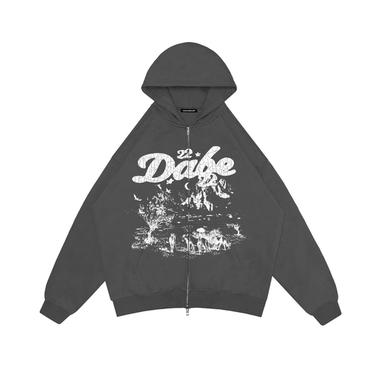 Double Zip Jacket Grey Savanna White Print by 22DABE22® – Stylish streetwear jacket with a bold white Savanna-inspired print