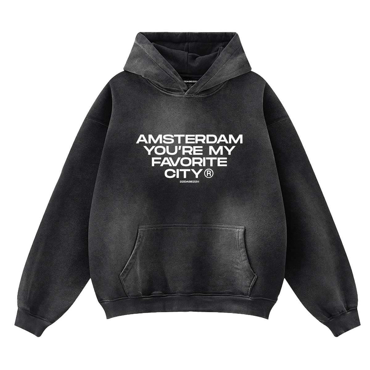 Black 'Amsterdam' Hoodie by 22DABE22® – streetwear hoodie with bold Amsterdam graphic, unisex urban fashion for city vibes