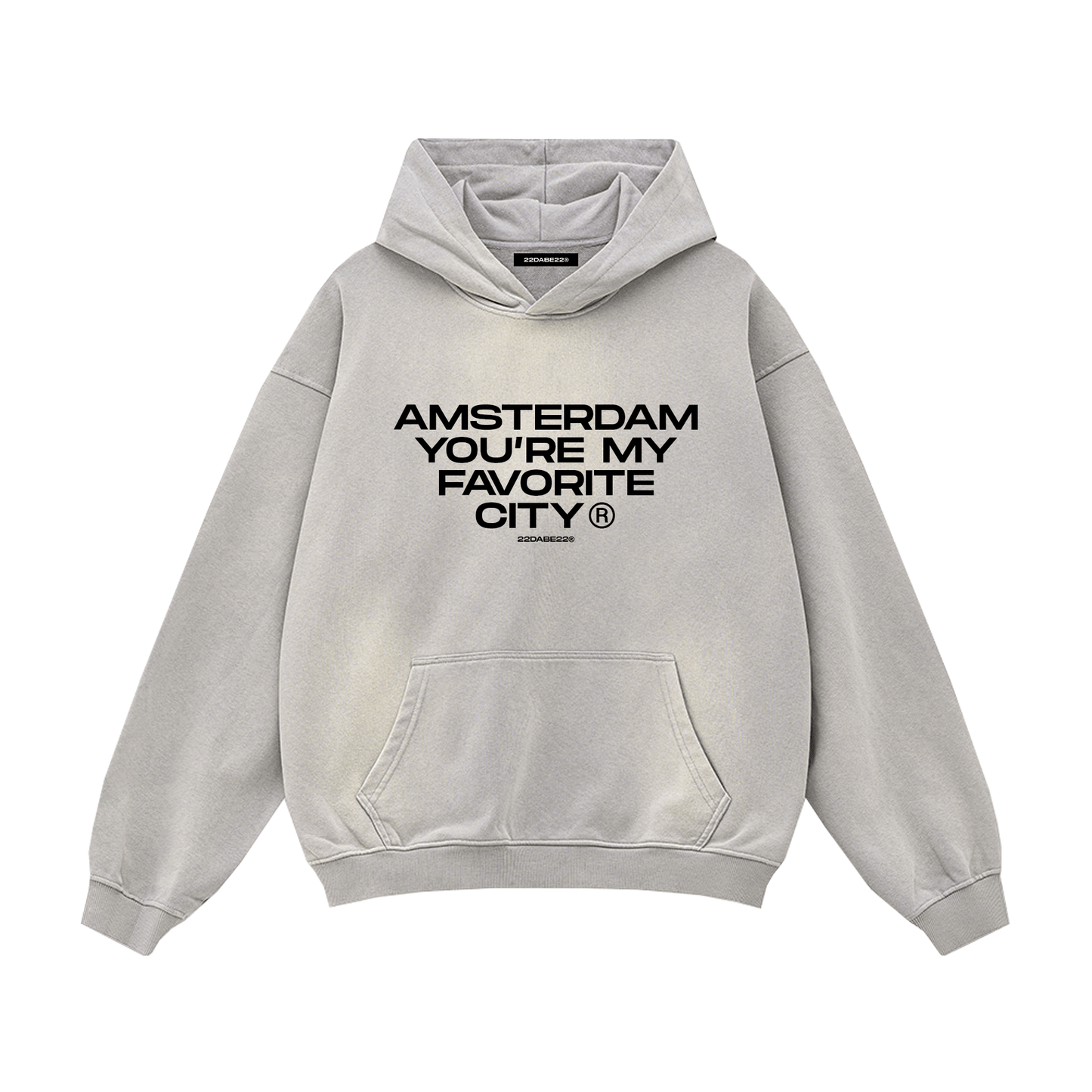 Grey 'Amsterdam' Hoodie by 22DABE22® – streetwear hoodie with Amsterdam graphic, unisex urban fashion for casual style