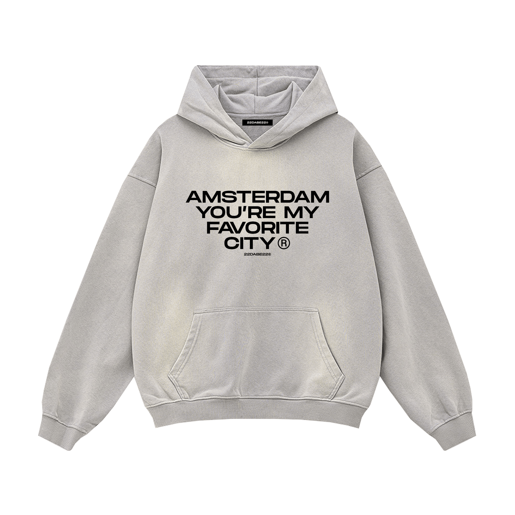 Grey 'Amsterdam' Hoodie by 22DABE22® – streetwear hoodie with Amsterdam graphic, unisex urban fashion for casual style