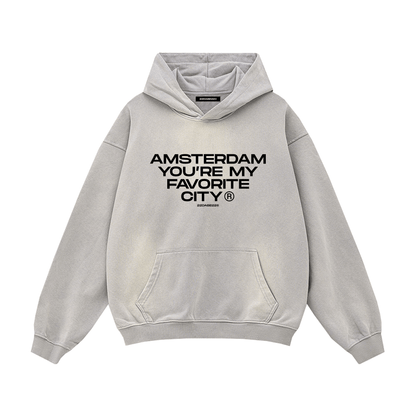 Grey 'Amsterdam' Hoodie by 22DABE22® – streetwear hoodie with Amsterdam graphic, unisex urban fashion for casual style