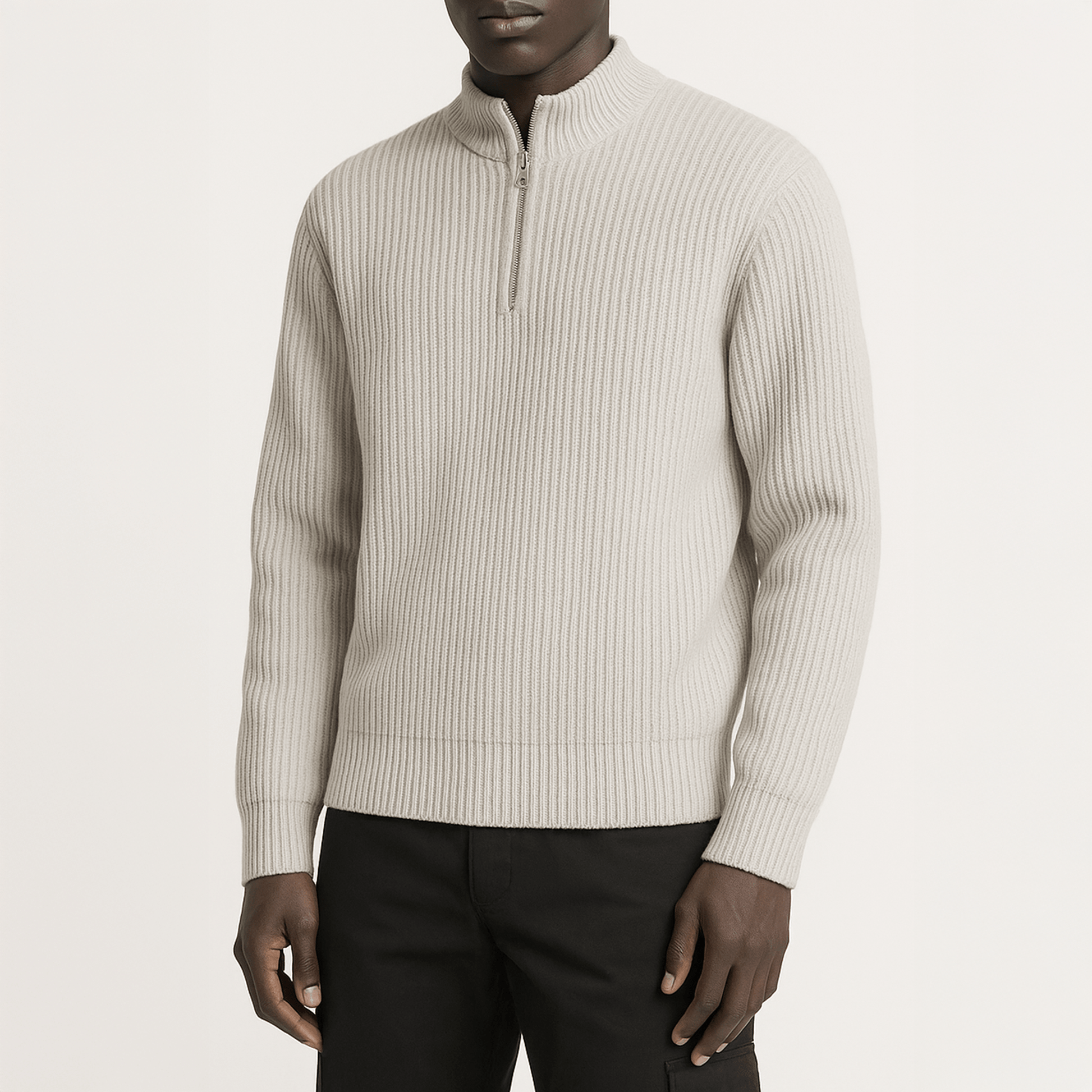 Knit Quarter Zip by 22DABE22® – light grey streetwear pullover, unisex urban fashion for comfortable, stylish layering