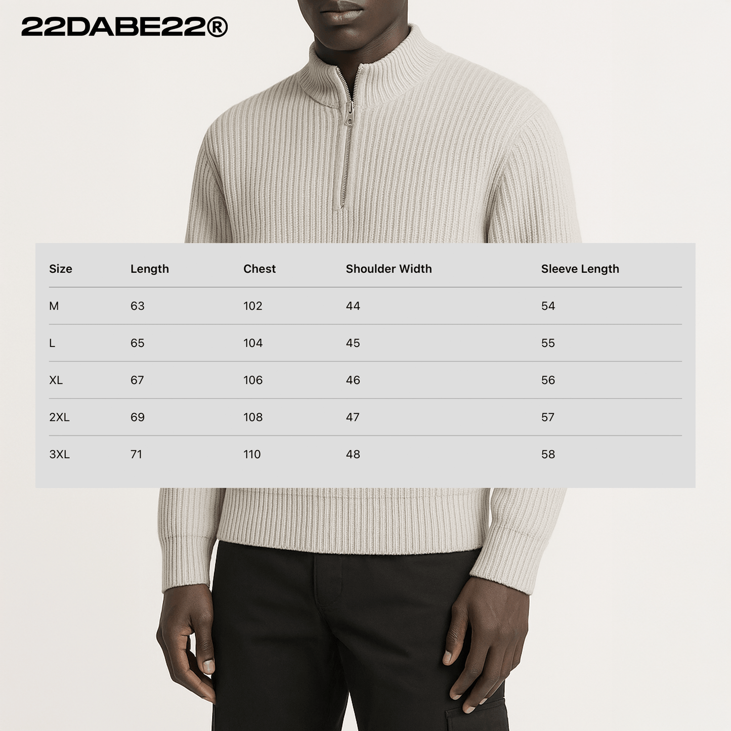 Knit Quarter Zip by 22DABE22® – light grey streetwear pullover, unisex urban fashion for comfortable, stylish layering