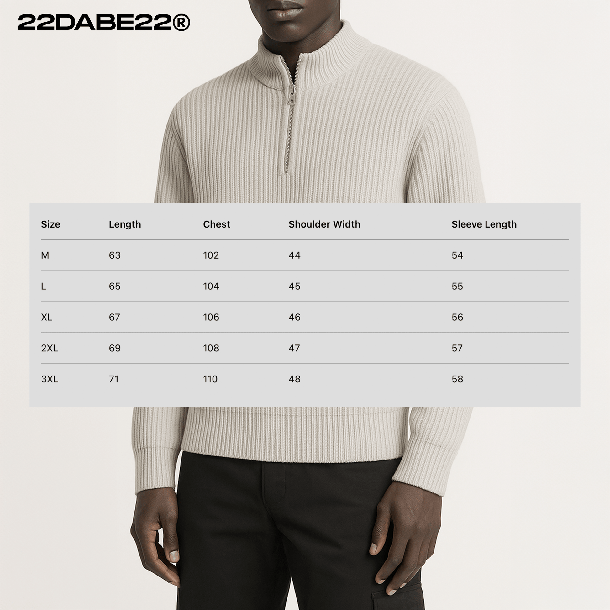 Knit Quarter Zip by 22DABE22® – light grey streetwear pullover, unisex urban fashion for comfortable, stylish layering