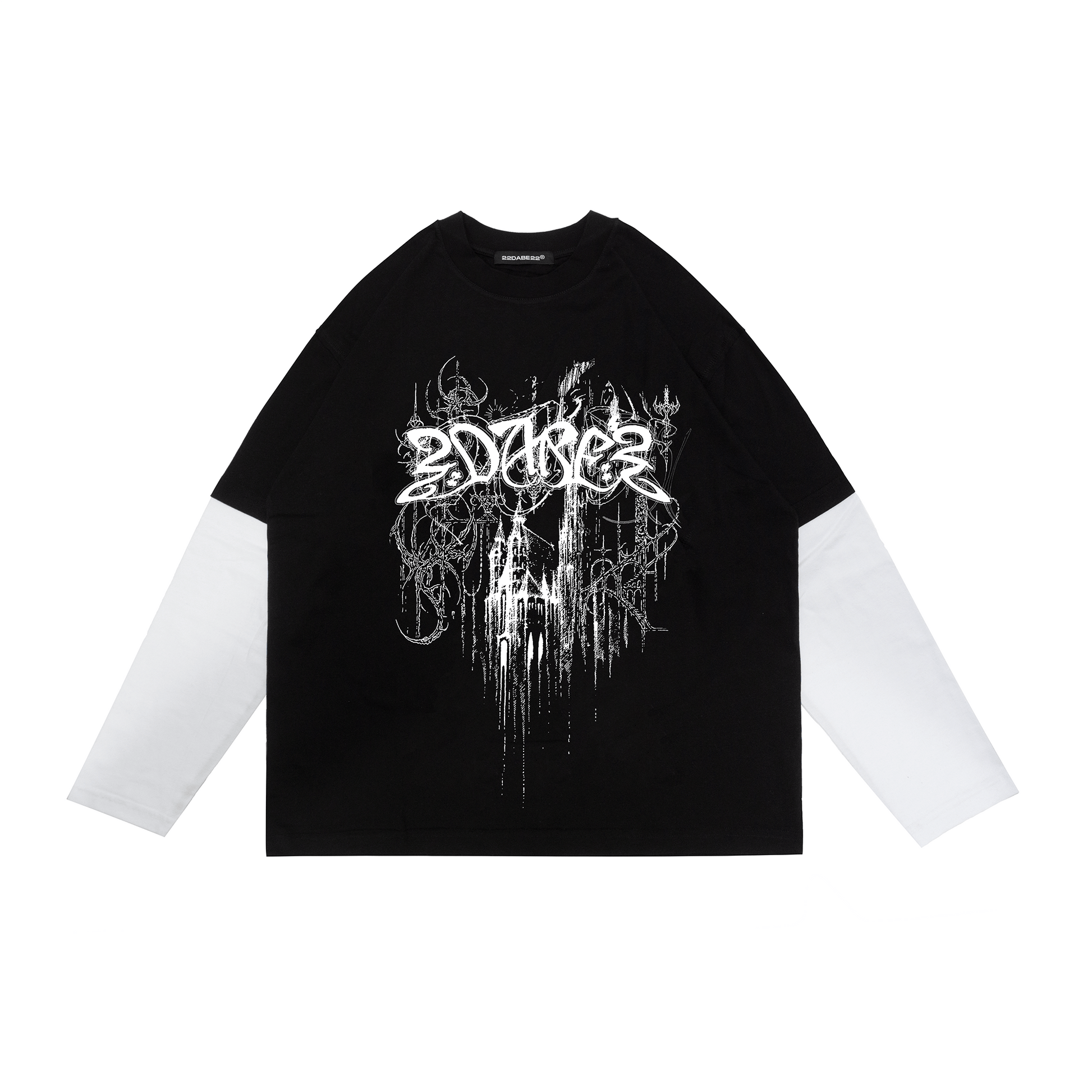 Black/White Castle Longsleeve T-Shirt by 22DABE22® – Bold graphic streetwear tee for unique urban style