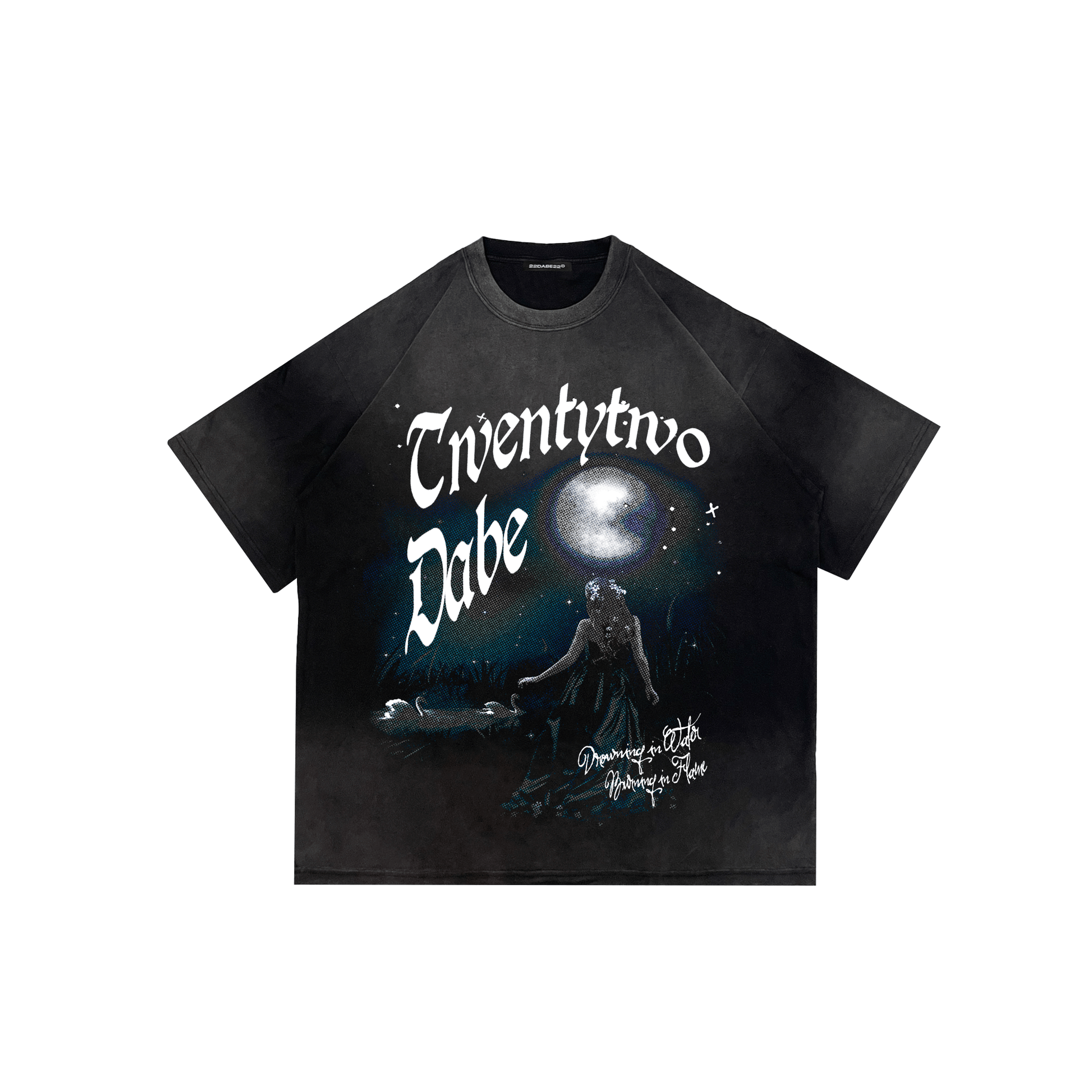 T-Shirt 'Drowning in Water Burning in Flame' Black by 22DABE22® – Bold streetwear tee with powerful graphic design