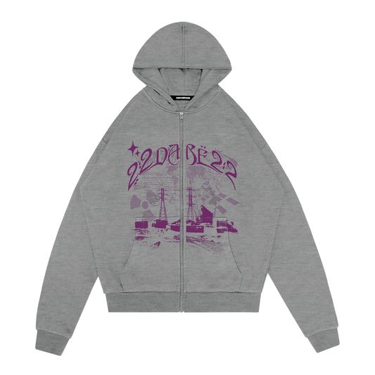 22DABE22® heather grey zip jacket with Basic Atomic design – men's streetwear outerwear, stylish casual jacket for fashion