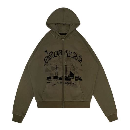 22DABE22® olive zip jacket with Basic Atomic design – men's streetwear outerwear, stylish casual jacket for urban fashion