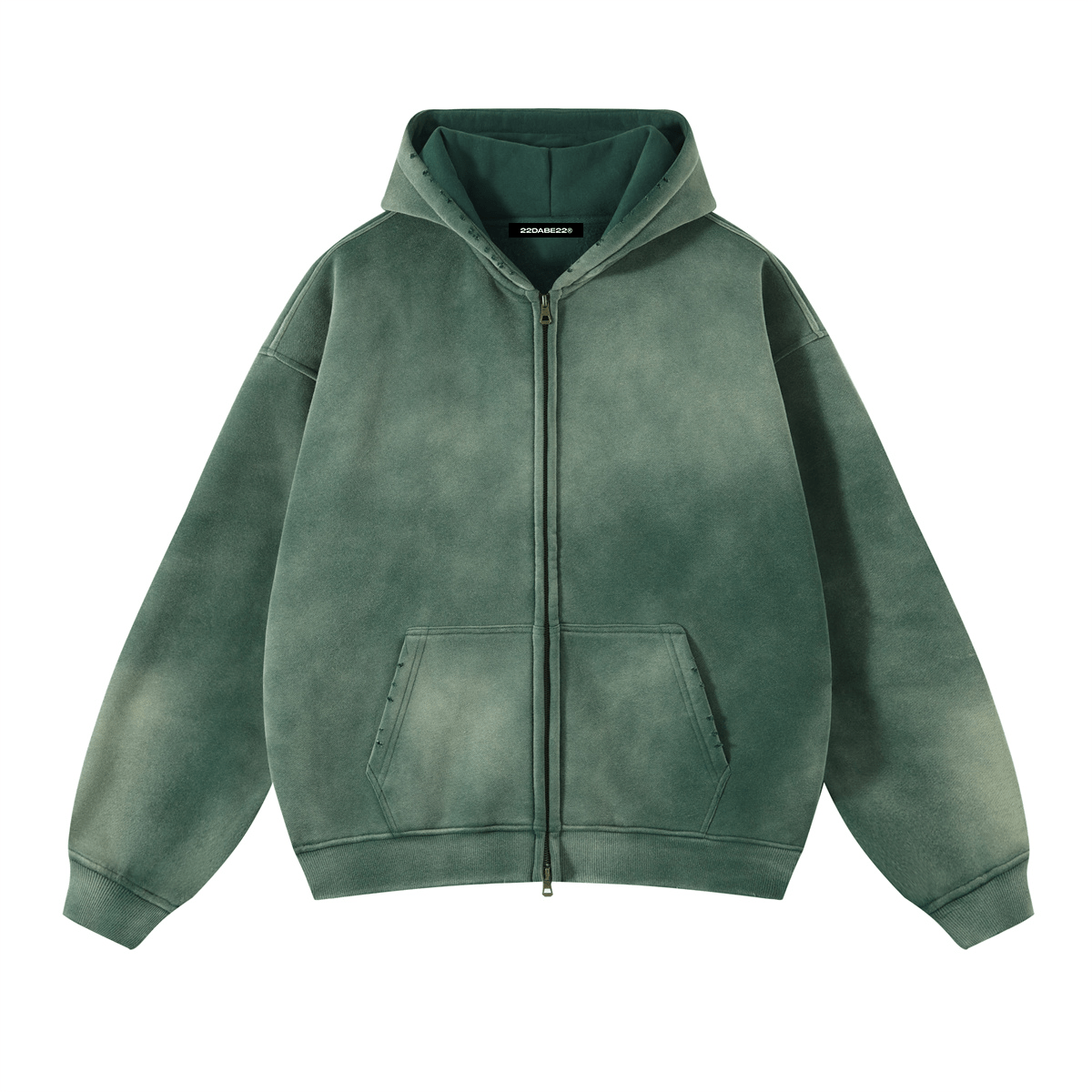Washed Basic Bottle Green Zip Jacket by 22DABE22® – Trendy streetwear jacket with a relaxed fit for urban style