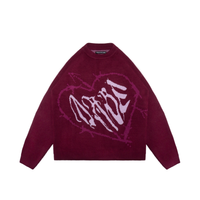 A wine red knit sweater with a knitted graphic on the front, featuring a drop shoulder fit and made with high-quality materials including viscose, nylon, and polyester. Unisex design perfect for casual or dressy occasions.
