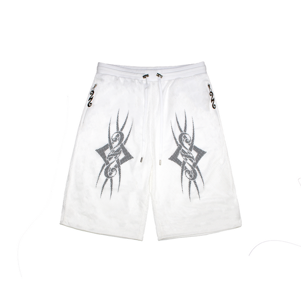 A white streetwear short with a loose fit, crafted from premium polyester material. Features custom metal 22 pullers on pockets and adjustable cords in the waist. Screen print under the first net and silver metallic hardware adds style. Suitable for casual wear or night outs.