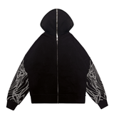 A black and lilac split zip jacket made of high-quality cotton and polyester materials. The jacket features a unique split design with screen print and embroidery appliqué on the front, screen print on the sleeves, a big hood, and a special zipper at the back. The jacket is peached on the inside and comes in an oversized fit with a custom 22 puller. It can be worn with associated joggers for a complete streetwear look.