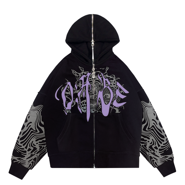 A black and lilac split zip jacket made of high-quality cotton and polyester materials. The jacket features a unique split design with screen print and embroidery appliqué on the front, screen print on the sleeves, a big hood, and a special zipper at the back. The jacket is peached on the inside and comes in an oversized fit with a custom 22 puller. It can be worn with associated joggers for a complete streetwear look.
