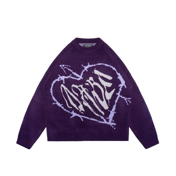A Deep Violet Amor Knit sweater with a knitted graphic at the front, made from a soft and durable blend of viscose, nylon, and polyester. The drop shoulder fit adds a laid-back, streetwear-inspired style to the unisex design, which is versatile enough to be worn on casual days or to add edge to a work wardrobe.
