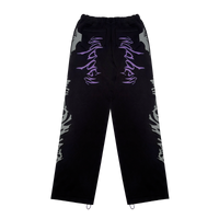 A pair of black and lilac joggers from 22DABE22 with a distressed finish, adjustable waist and leg openings, and oversized unisex fit. Screen prints on both sides and embroidery appliqué at the back pockets add a unique touch to the high-quality blend of 80% cotton and 20% polyester fabric. Pair it with the matching zip jacket for a complete streetwear set.