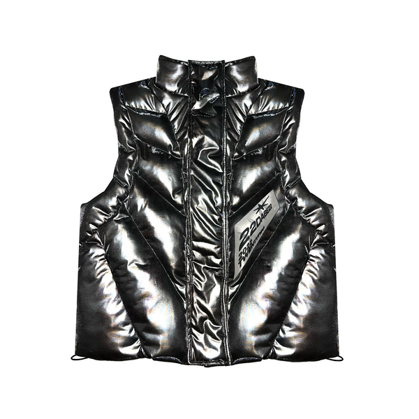 Metallic Dark Grey Vest by 22DABE22. Puffed vest made from a special manufactured fabric for warmth and comfort. Features transparent silicone patch and two front pockets. Oversized fit for layering. Made from 73% Polyester and 27% PU Leather. Perfect for braving chilly weather in style.