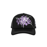 A black baseball cap with lilac broken glass design embroidered on the front and 22DABE22 logo on the side. The cap has a six-panel construction, adjustable strap at the back, pre-curved visor, and breathable eyelets. Perfect for completing a streetwear ensemble.