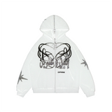 A white long sleeve hooded zip jacket from 22DABE22 featuring rhinestones and screenprint on the front. The jacket has a big hood, distressed finish, and a special feature zipper at the back. The jacket is made with 80% cotton and 20% polyester, weighing in at 500 GSM. The custom 22 puller and logo embroidery on the pocket add an extra touch of uniqueness to this unisex jacket.