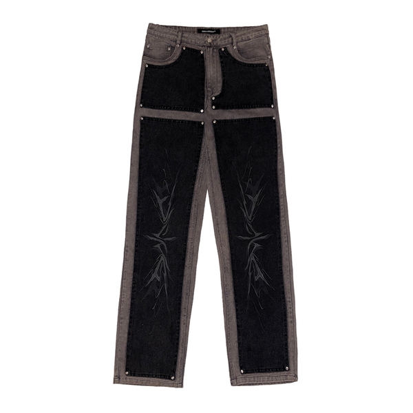 Image of black vintage carpenter denim jeans with 4 panels at the front, featuring a custom embossed button, 22DABE22 logo rivets at the front, and 10 at the back. The jeans are screen-printed with a logo at the back-pocket, and have a YKK zipper and waistband with belt loops for a comfortable fit. The jeans come with 5 pockets and are suitable for both men and women.