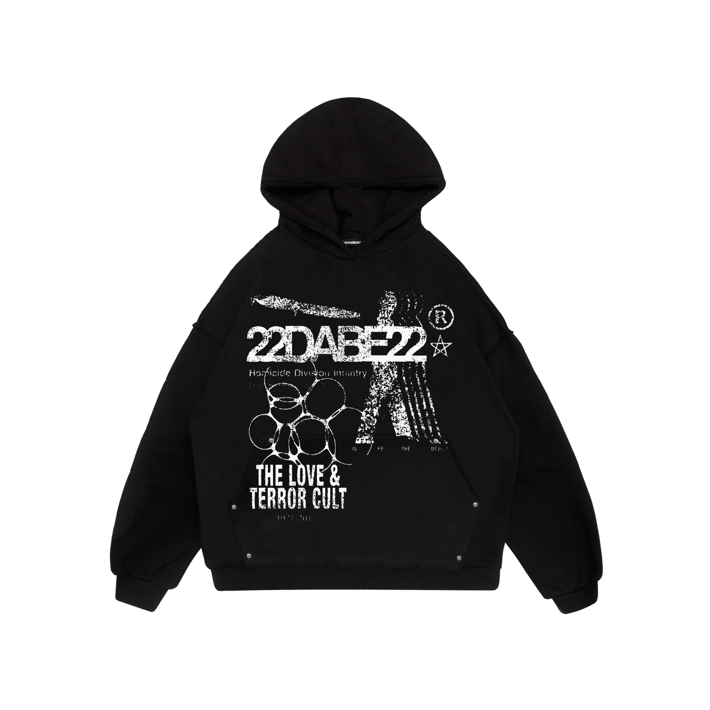 22DABE22® black hoodie with 'Terror and Love' graphic – men's streetwear hoodie, bold urban fashion outerwear