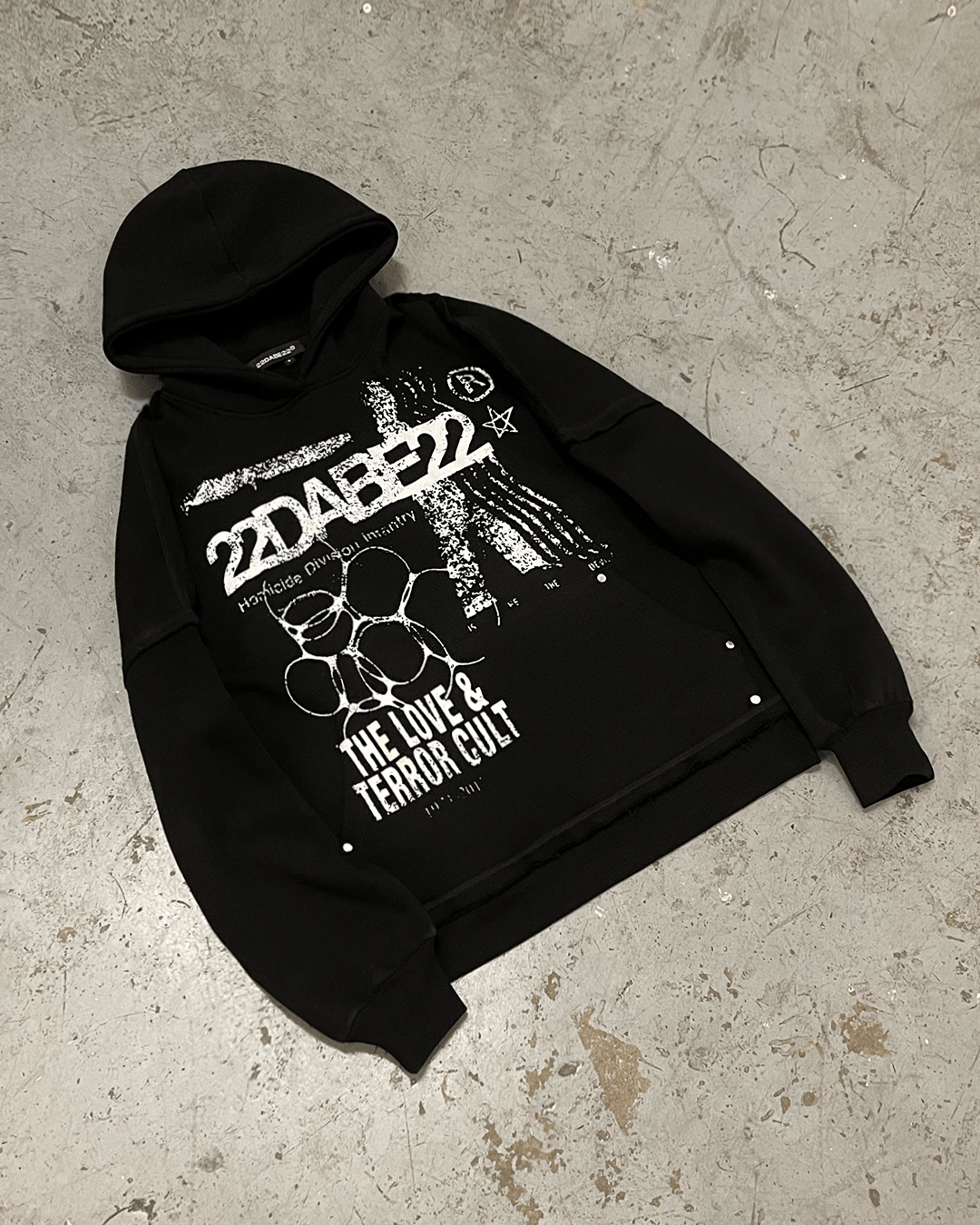 22DABE22® black hoodie with 'Terror and Love' graphic – men's streetwear hoodie, bold urban fashion outerwear