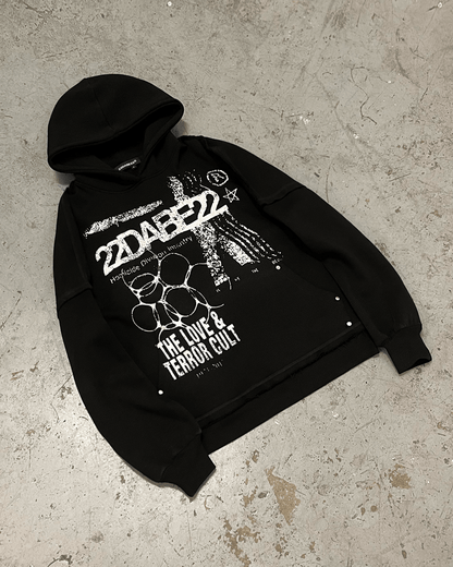 22DABE22® black hoodie with 'Terror and Love' graphic – men's streetwear hoodie, bold urban fashion outerwear