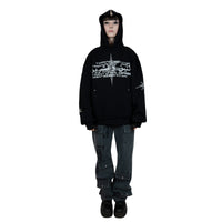 A black hoodie with unique rhinestone and screenprint design on the front, stars made of rhinestones on the sleeves and back, and a vintage, distressed finish. Made from a blend of cotton and polyester, with a peached interior for a cozy feel. Oversized unisex fit and extra big pocket make it practical for any occasion.