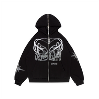 A black long sleeve hooded zip jacket with a unique split design featuring rhinestones and screenprint detailing at the front. The jacket has an oversized fit, big hood, and a distressed finish for a vintage feel. Made from 80% cotton and 20% polyester with a peached interior, it has a custom 22 puller and logo embroidery on the pocket.